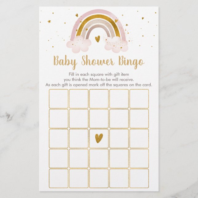Rainbow Neutral Gold Pastel Baby shower Bingo Jeu (Devant)