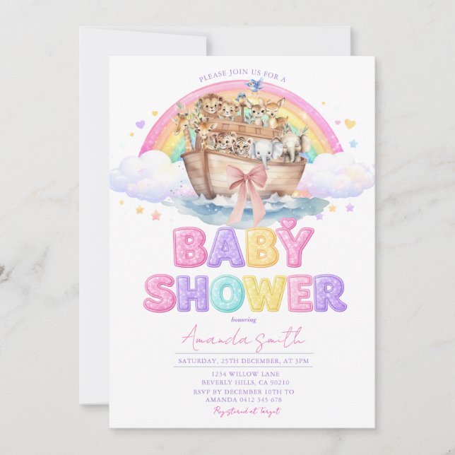 Rainbow Noah’s Ark Baby Shower Glitter Invitation (Devant)