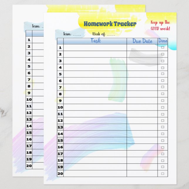 Rainbow Paint Student Homework tracker (Devant / Derrière)