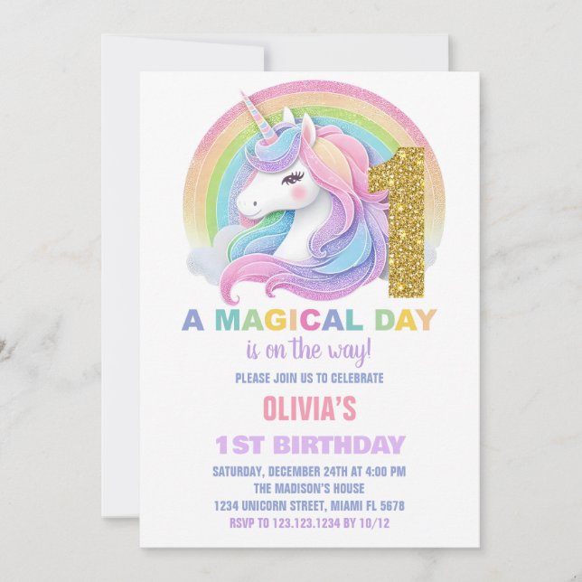 Rainbow Parties scintillant Unicorn Invitations d' (Devant)