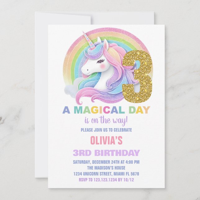 Rainbow Parties scintillant Unicorn Invitations d' (Devant)