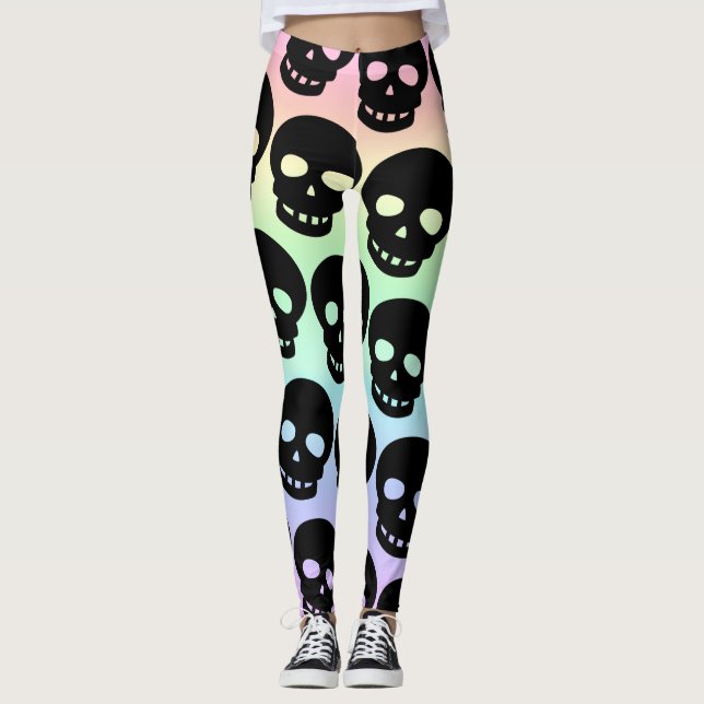 Rainbow Pastel Goth Skulls Big Print Leggings (Devant)