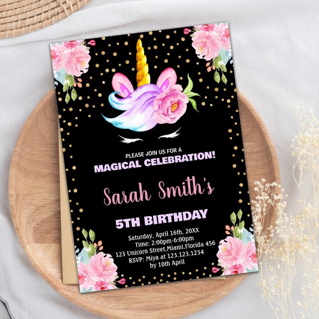 Rainbow Pink Black Unicorn Invitations d'anniversa (Rainbow Pink Black Unicorn Birthday Invitations)