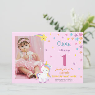 Rainbow Pink Unicorn Invitation avec photo
