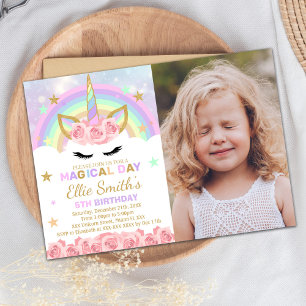 Rainbow Pink Unicorn Invitations avec photo