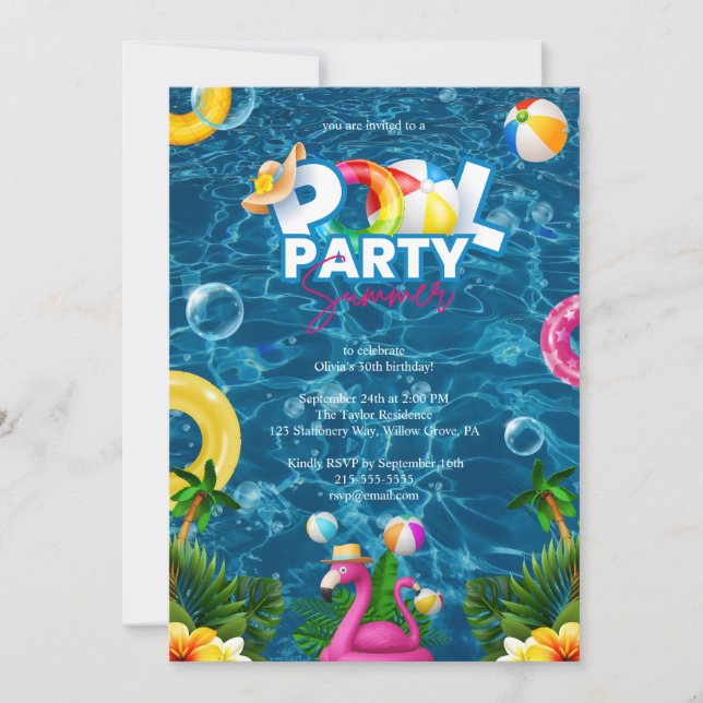 Rainbow Pool Party Birthday Invitation  (Devant)