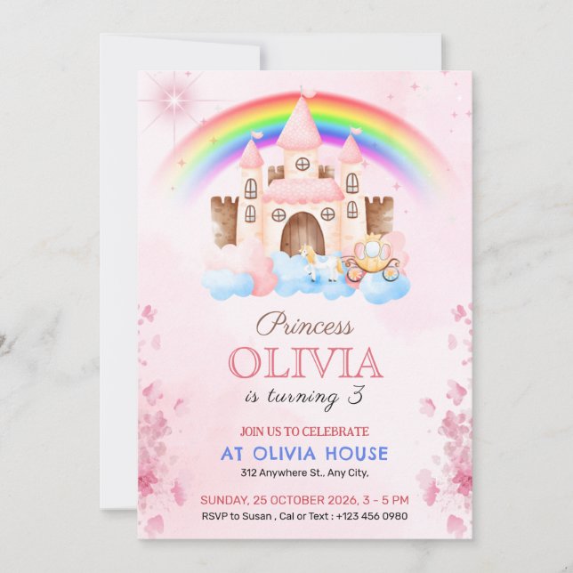 Rainbow Princess Castle Birthday Party Invitation (Devant)
