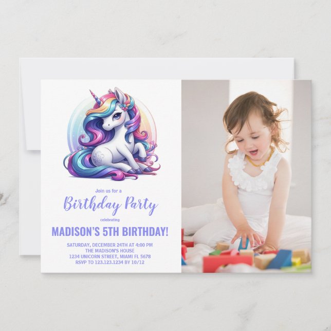 Rainbow Purple Unicorn Birthday Invitations photo (Devant)