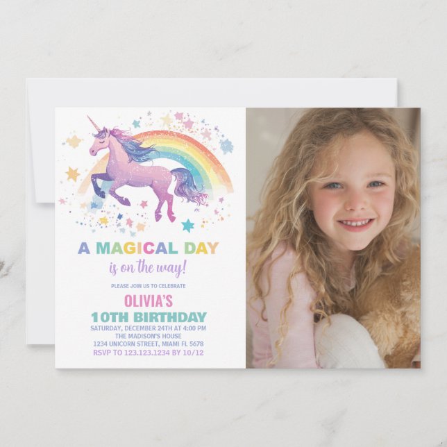 Rainbow Star Unicorn Anniversaire Invitations Phot (Devant)