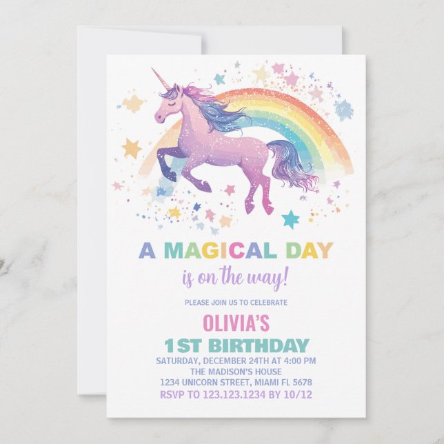 Rainbow Star Unicorn Invitations d'anniversaire (Devant)
