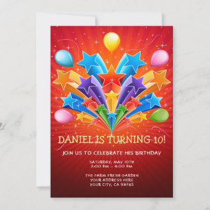 Rainbow Starburst Balloon 10th Birthday Invitation