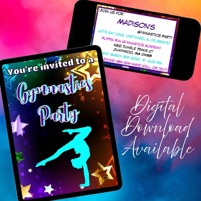 Rainbow Stars Gymnastique Anniversaire Invitation (Rainbow Stars Gymnastics Birthday Party Invitation)