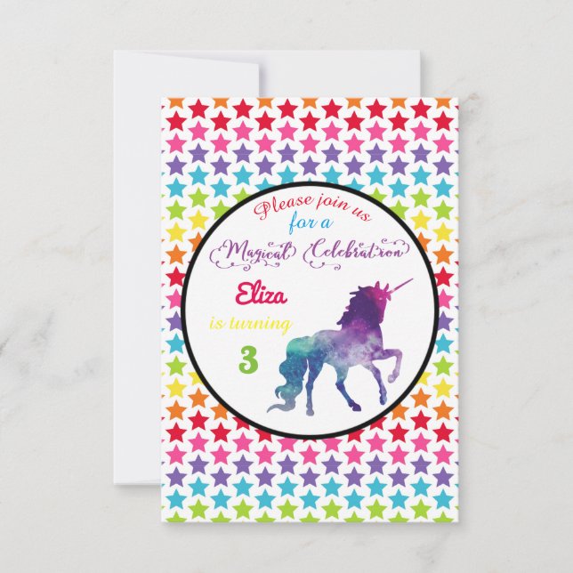 Rainbow Stars Unicorn - Invitation d'anniversaire  (Devant)