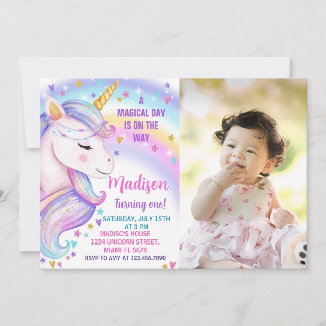 Rainbow Unicorn Anniversaire Invitation avec photo (Devant)
