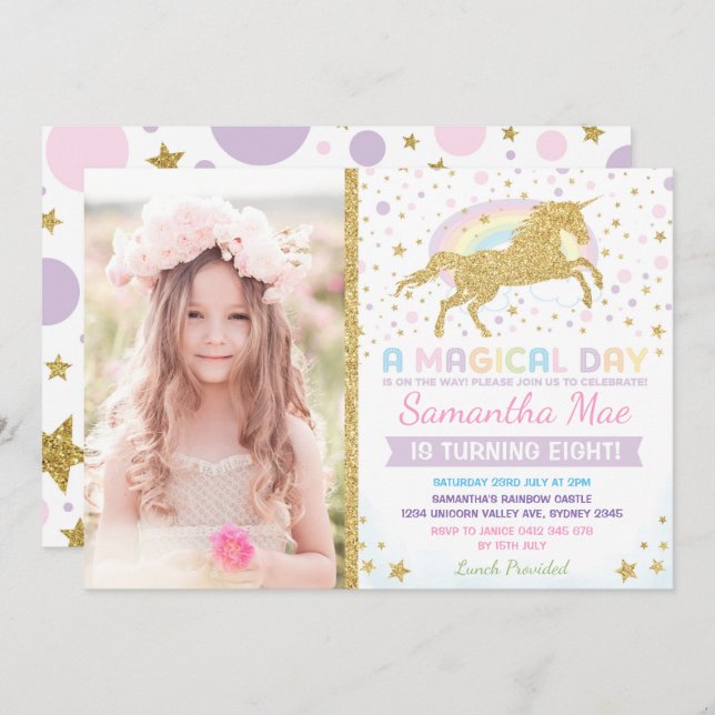 Rainbow Unicorn Anniversaire Invitation Confetti S (Devant / Derrière)