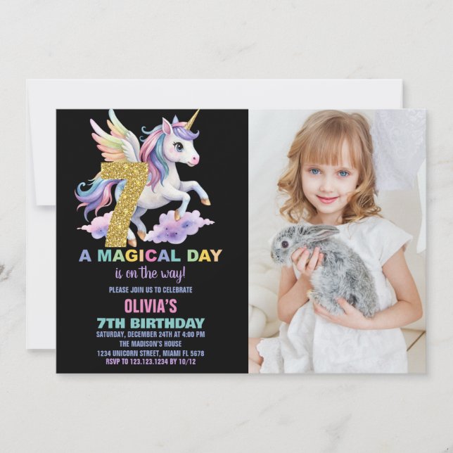 Rainbow Unicorn Anniversaire Invitations avec phot (Devant)