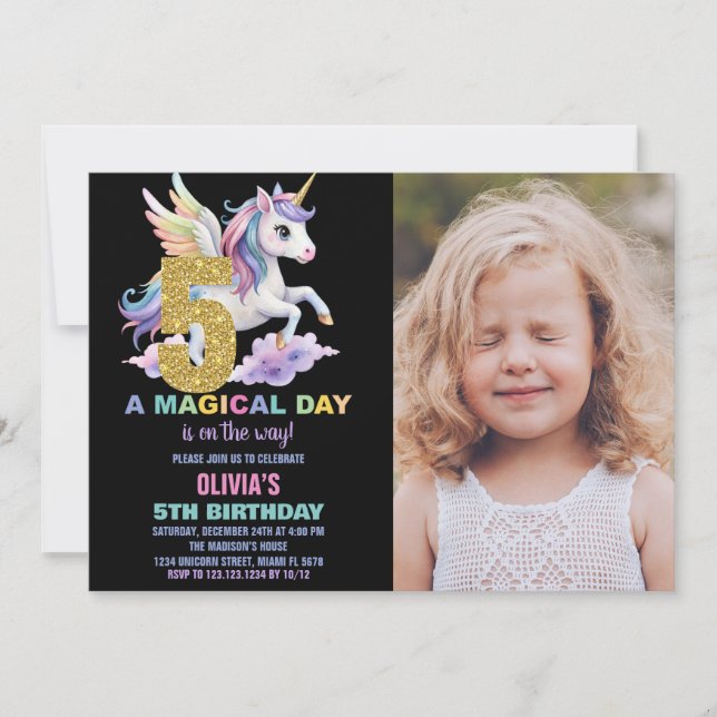 Rainbow Unicorn Anniversaire Invitations avec phot (Devant)
