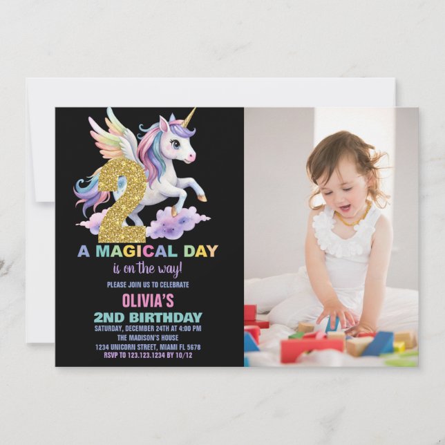Rainbow Unicorn Anniversaire Invitations avec phot (Devant)