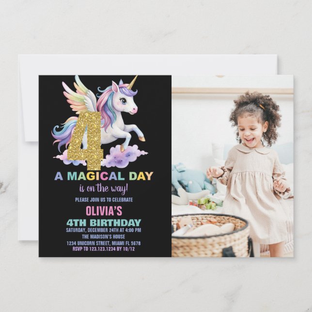Rainbow Unicorn Anniversaire Invitations avec phot (Devant)