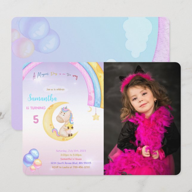 Rainbow Unicorn Anniversaire Photo Invitation (Devant / Derrière)