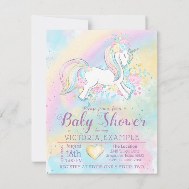 Rainbow Unicorn Baby Girl Shower Invitations (Devant)