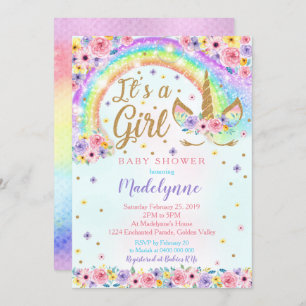 Rainbow Unicorn Baby shower Invitation fille