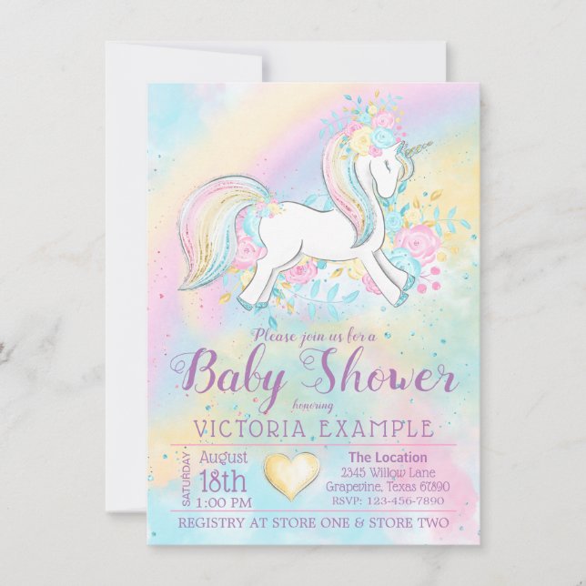 Rainbow Unicorn Baby Shower Invitations (Devant)