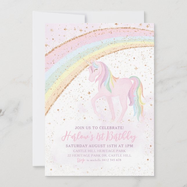 Rainbow Unicorn Birthday Girls Pastel Invitation (Devant)