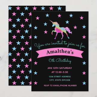 Rainbow Unicorn Et Étoiles Anniversaire Invitation