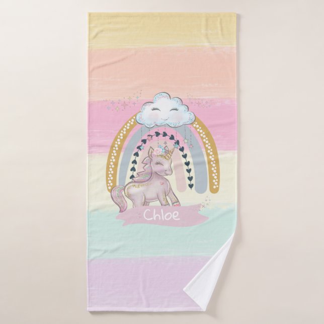 🦄 Rainbow Unicorn Girl Nom personnalisé (Serviette de bain)