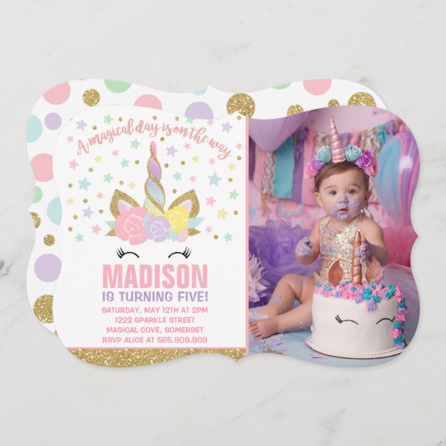 Rainbow Unicorn Invitation Anniversaire Pink Gold (Devant / Derrière)