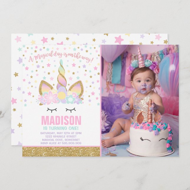 Rainbow Unicorn Invitation Anniversaire Pink Gold (Devant / Derrière)