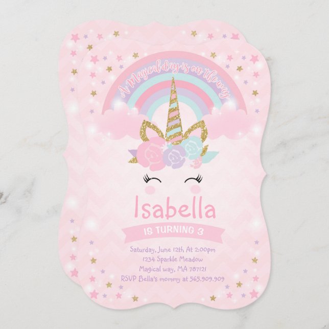 Rainbow Unicorn Invitation Anniversaire Pink Gold (Devant / Derrière)