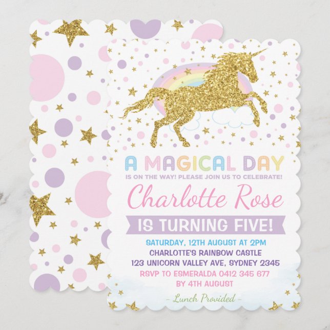 Rainbow Unicorn Invitation Anniversaire Pink Gold (Devant / Derrière)