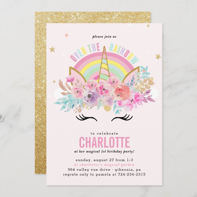 Rainbow Unicorn Invitation Anniversaire Pink Gold (Devant / Derrière)