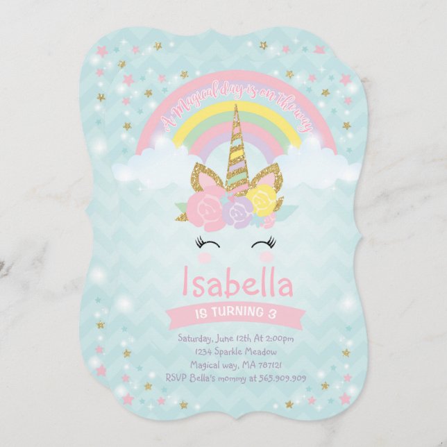 Rainbow Unicorn Invitation Anniversaire Pink Gold (Devant / Derrière)