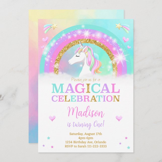 Rainbow Unicorn Invitation d'anniversaire (Devant / Derrière)