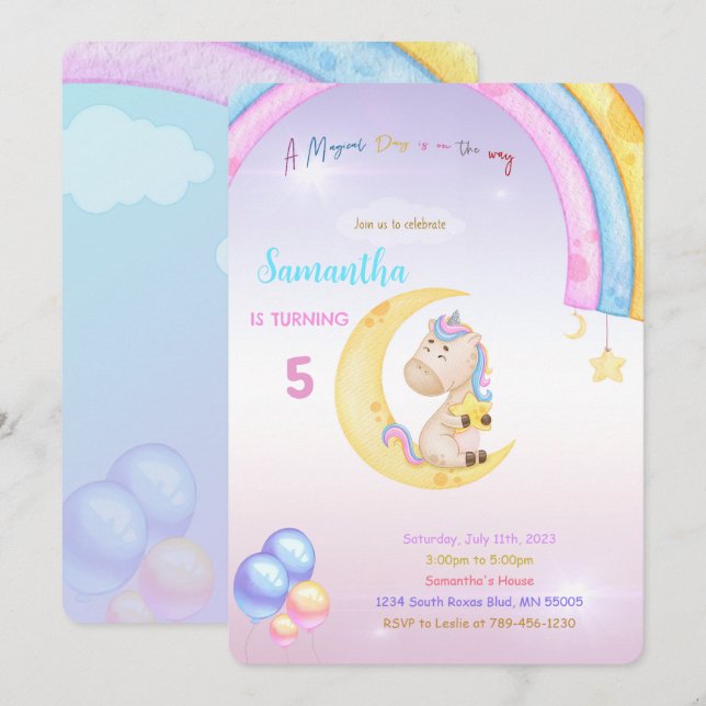 Rainbow Unicorn Invitation d'anniversaire (Devant / Derrière)