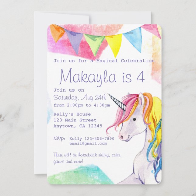 Rainbow Unicorn Invitation d'anniversaire (Devant)