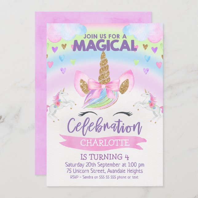 Rainbow Unicorn Invitation d'anniversaire (Devant / Derrière)