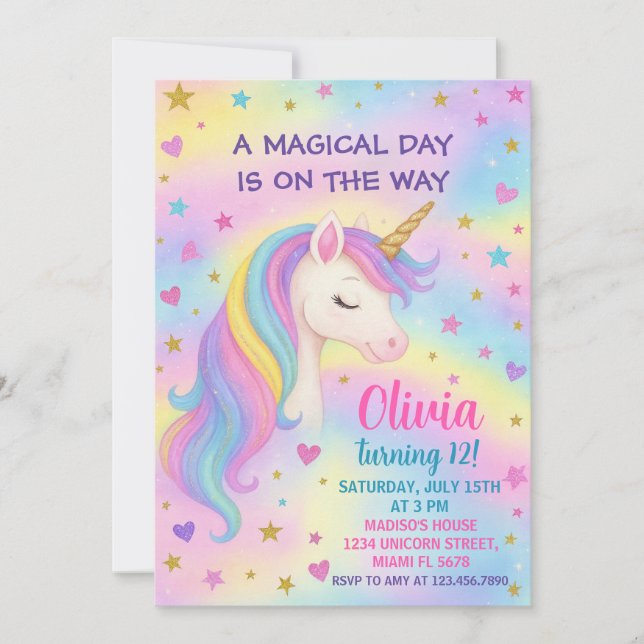 Rainbow Unicorn Invitation d'anniversaire (Devant)
