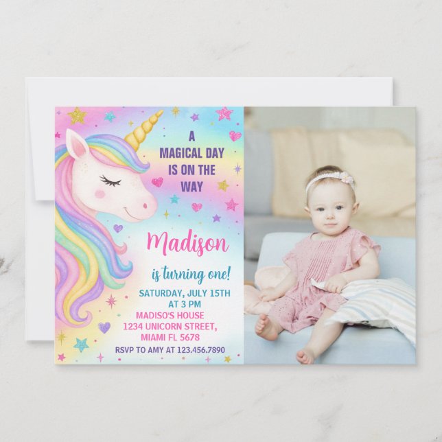 Rainbow Unicorn Invitation d'anniversaire (Devant)
