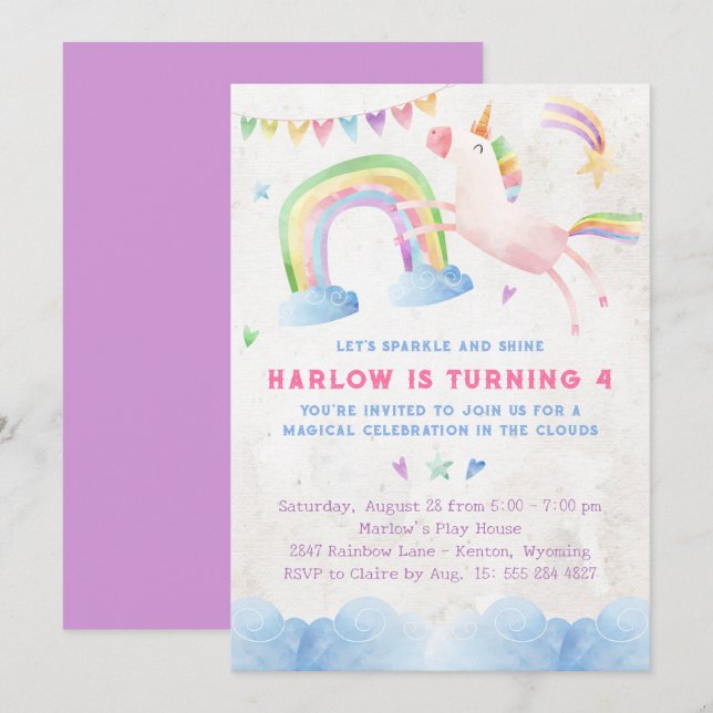 Rainbow Unicorn Invitation de fête d'anniversaire (Devant / Derrière)