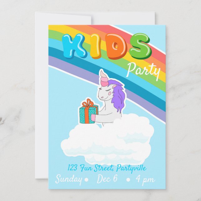 Rainbow Unicorn Invitation de la fête des enfants (Devant)
