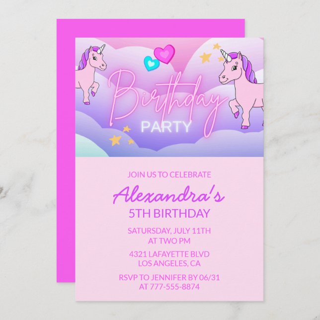 Rainbow Unicorn Invitations Anniversaire 5e Fille (Devant / Derrière)