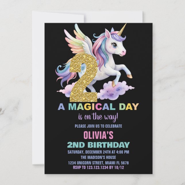 Rainbow Unicorn Invitations Anniversaire Vol (Devant)