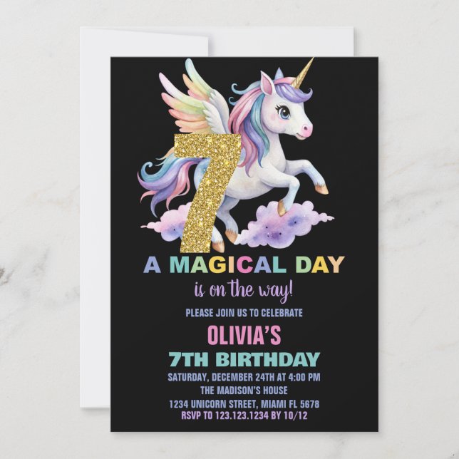 Rainbow Unicorn Invitations Anniversaire Vol (Devant)