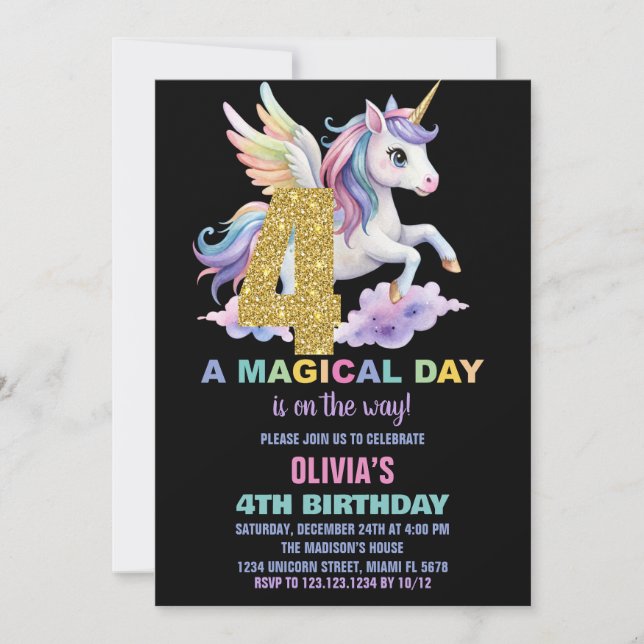 Rainbow Unicorn Invitations Anniversaire Vol (Devant)