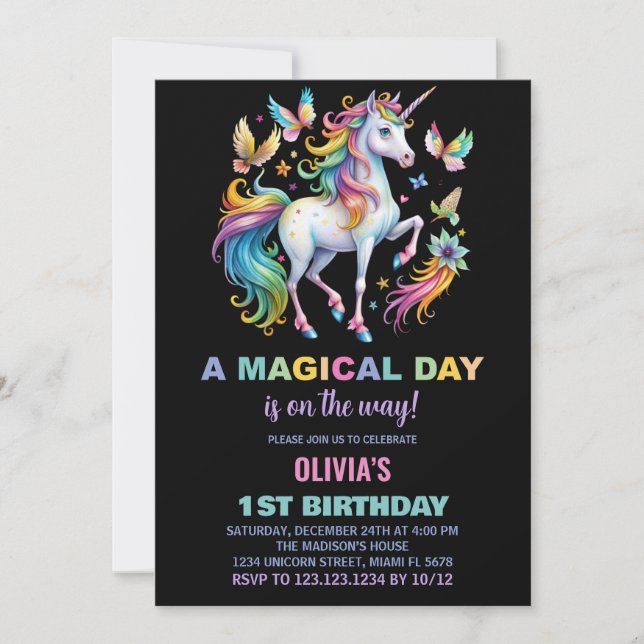 Rainbow Unicorn Invitations d'anniversaire (Devant)