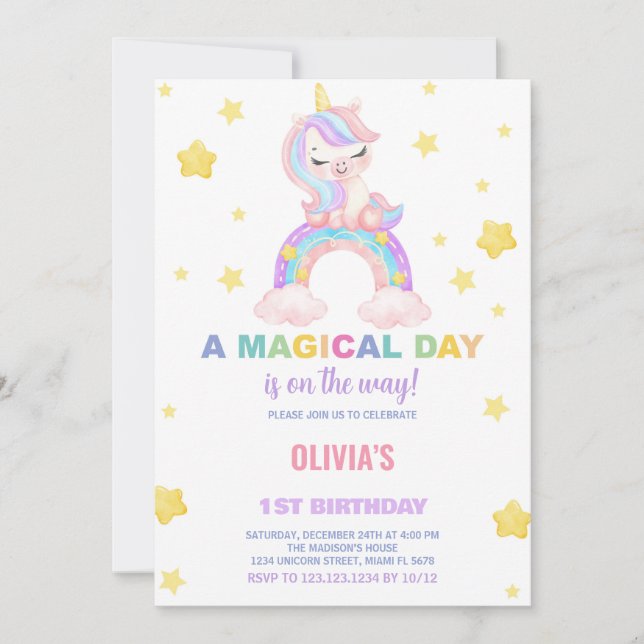 Rainbow Unicorn Invitations d'anniversaire (Devant)